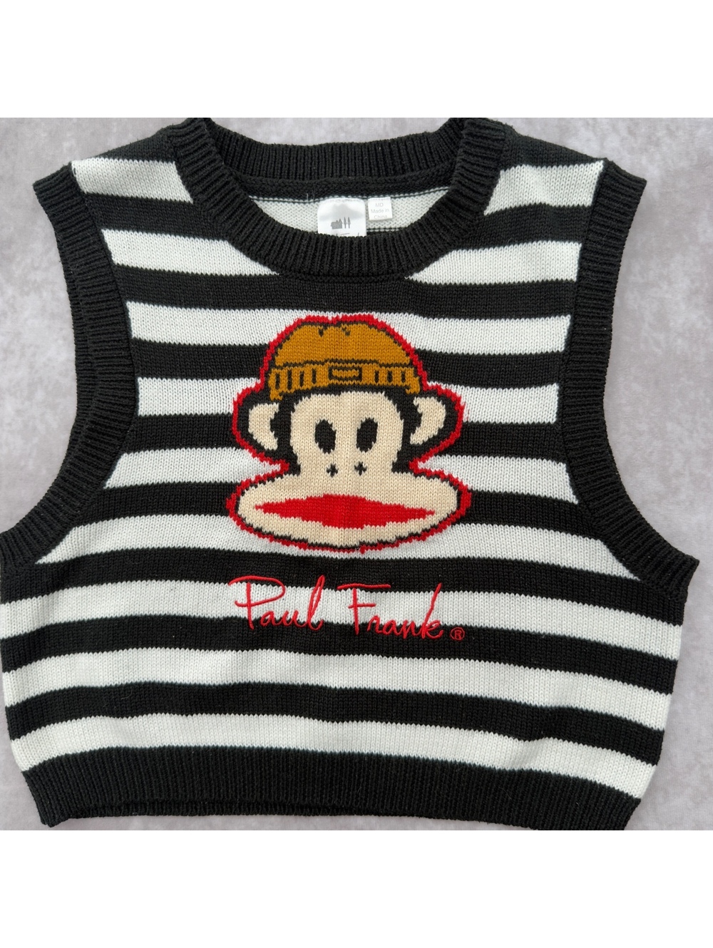90s Paul Frank Julius Monkey Black White Striped Knit Sweater Vest Size M Y2K - Picture 2 of 7